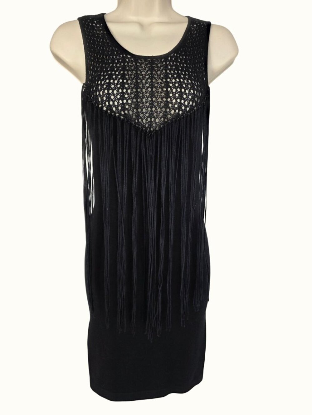 bebe Black Fringe Knit Dress Sz SP Beaded Detail Keyhole Back Slvless Y2K Style